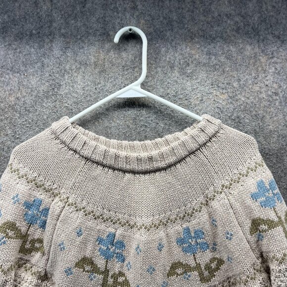 LL Bean Signature Sweater Womens XL Beige Floral Cable Knit Cotton Pullover - Picture 3 of 13